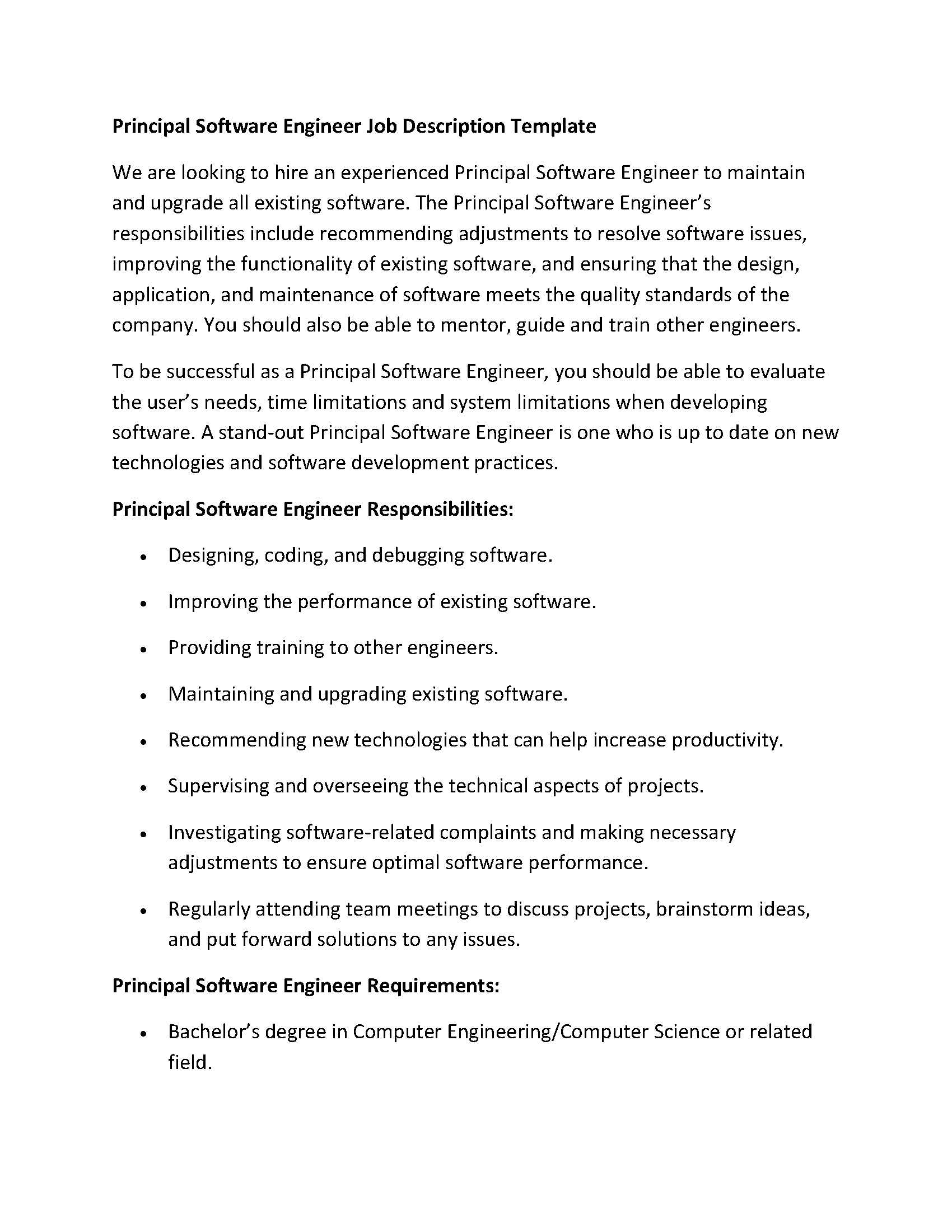 Principal Software Engineer Job Description Template